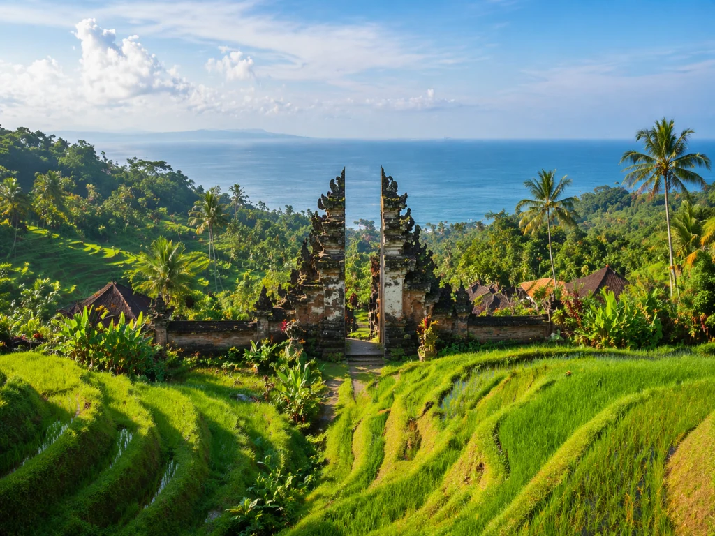 Pantai berpasir putih di Bali dengan sawah terasering hijau di latar belakang, estimasi biaya wisata 5 hari mulai Rp 2,8 juta