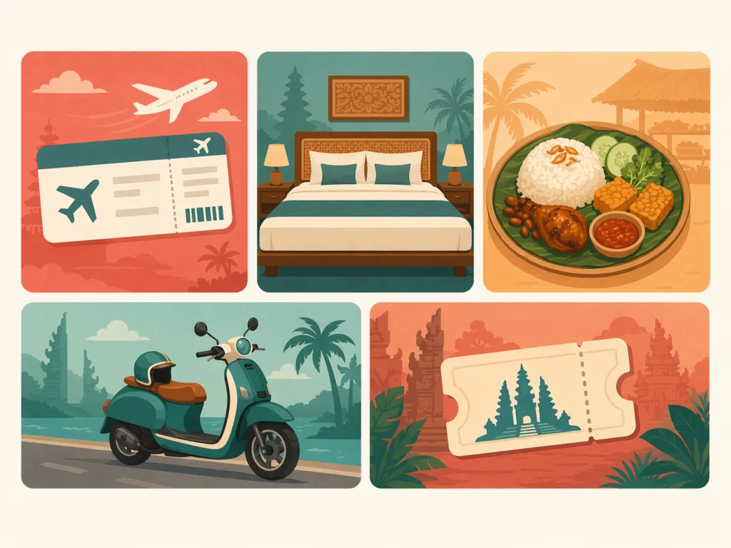 Ilustrasi lima komponen biaya perjalanan wisata Indonesia: tiket pesawat, penginapan, makan, transportasi lokal, dan tiket masuk objek wisata
