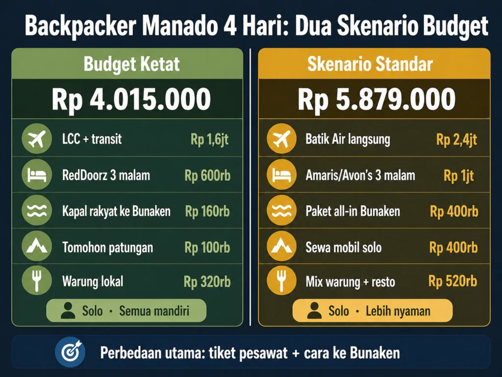 estimasi biaya backpacker manado 4 hari skenario budget ketat vs standar