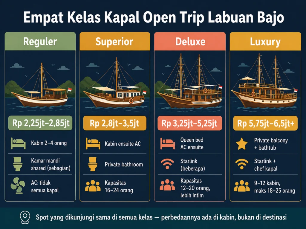 perbandingan kelas kapal open trip labuan bajo reguler superior deluxe luxury