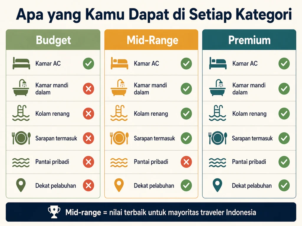 perbandingan fasilitas hotel labuan bajo budget mid-range premium