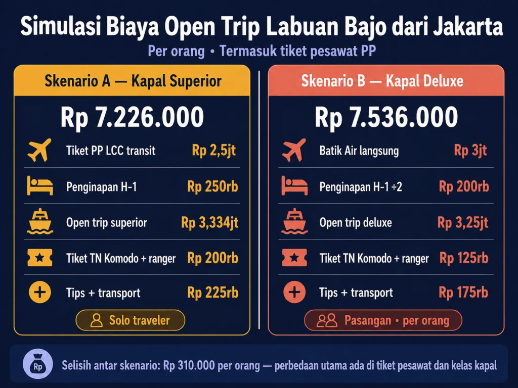 simulasi biaya open trip labuan bajo dari jakarta skenario superior deluxe per orang