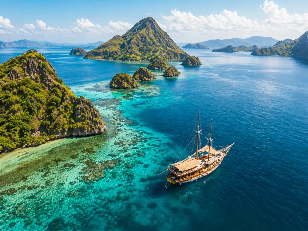 Kapal phinisi berlayar di perairan biru jernih Labuan Bajo dengan latar pulau-pulau hijau, biaya open trip mulai Rp 1,5 juta per orang