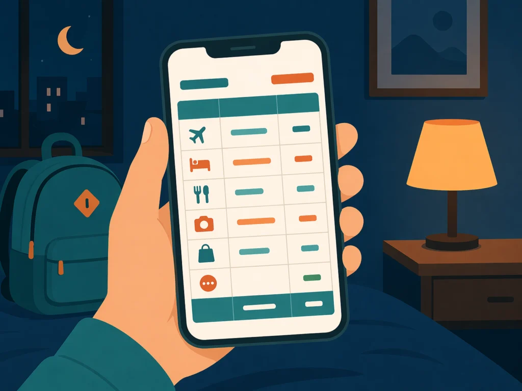 Ilustrasi traveler mencatat pengeluaran harian di smartphone saat perjalanan untuk memantau realisasi budget