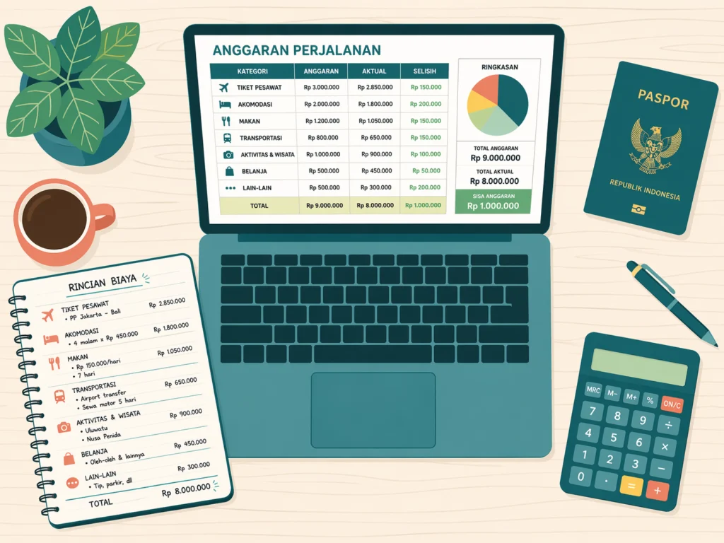 Seseorang merencanakan budget perjalanan dengan laptop, catatan, dan kalkulator di atas meja