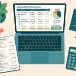 Seseorang merencanakan budget perjalanan dengan laptop, catatan, dan kalkulator di atas meja