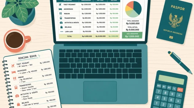 Seseorang merencanakan budget perjalanan dengan laptop, catatan, dan kalkulator di atas meja