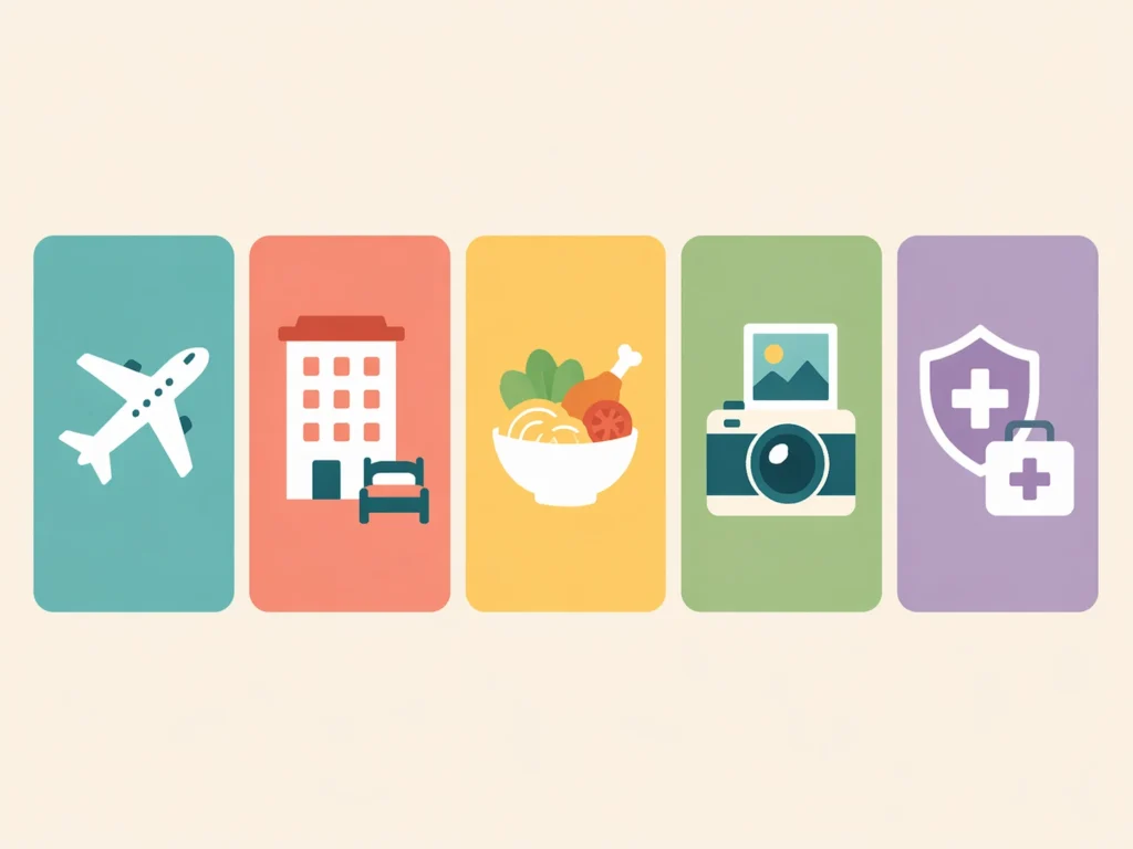 Infografis lima pos pengeluaran perjalanan: transportasi, penginapan, makan, aktivitas, dan dana darurat