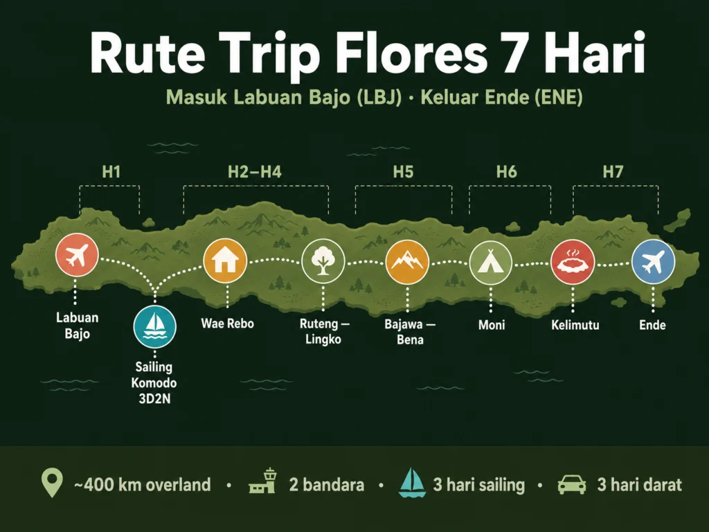rute trip flores 7 hari labuan bajo ruteng bajawa kelimutu ende peta perjalanan