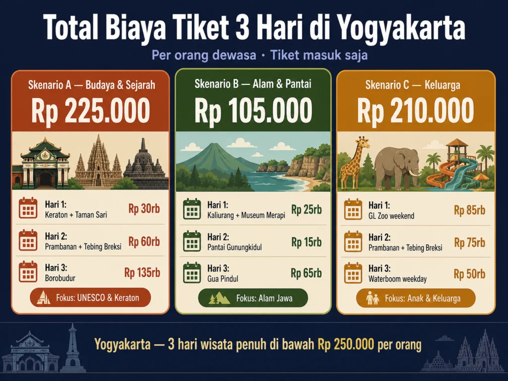 estimasi total biaya tiket masuk wisata yogyakarta 3 hari skenario budaya alam keluarga