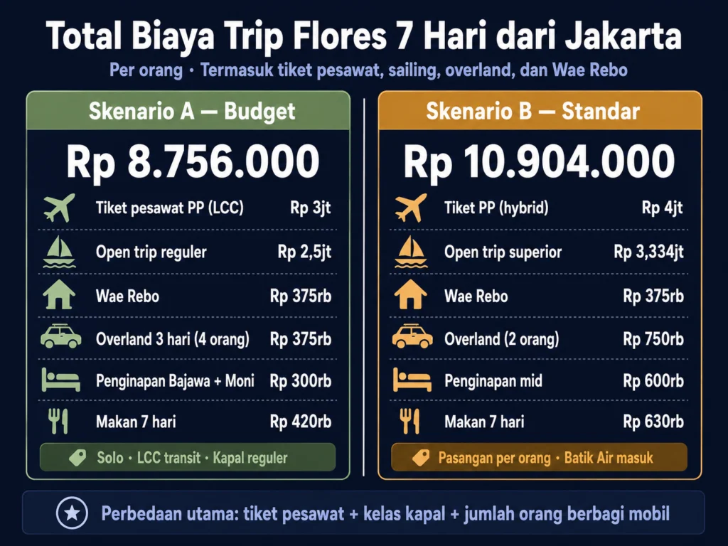 total biaya trip flores 7 hari skenario budget rp 8 juta vs standar rp 10 juta