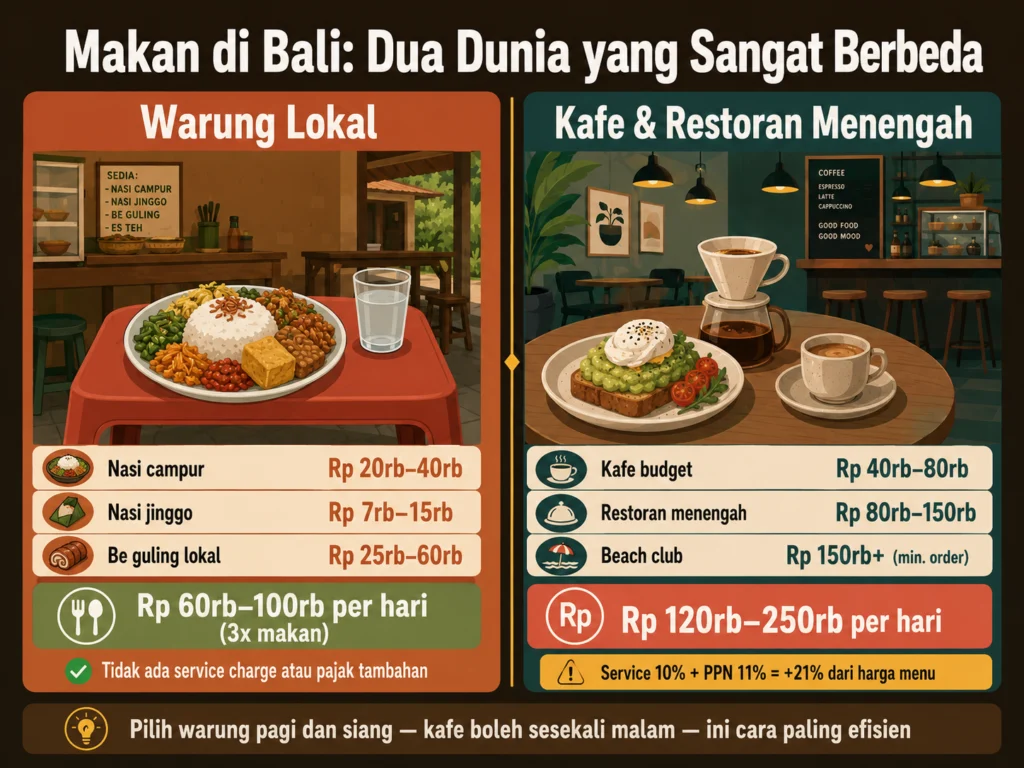 biaya makan di bali warung lokal vs kafe restoran perbandingan harga harian backpacker