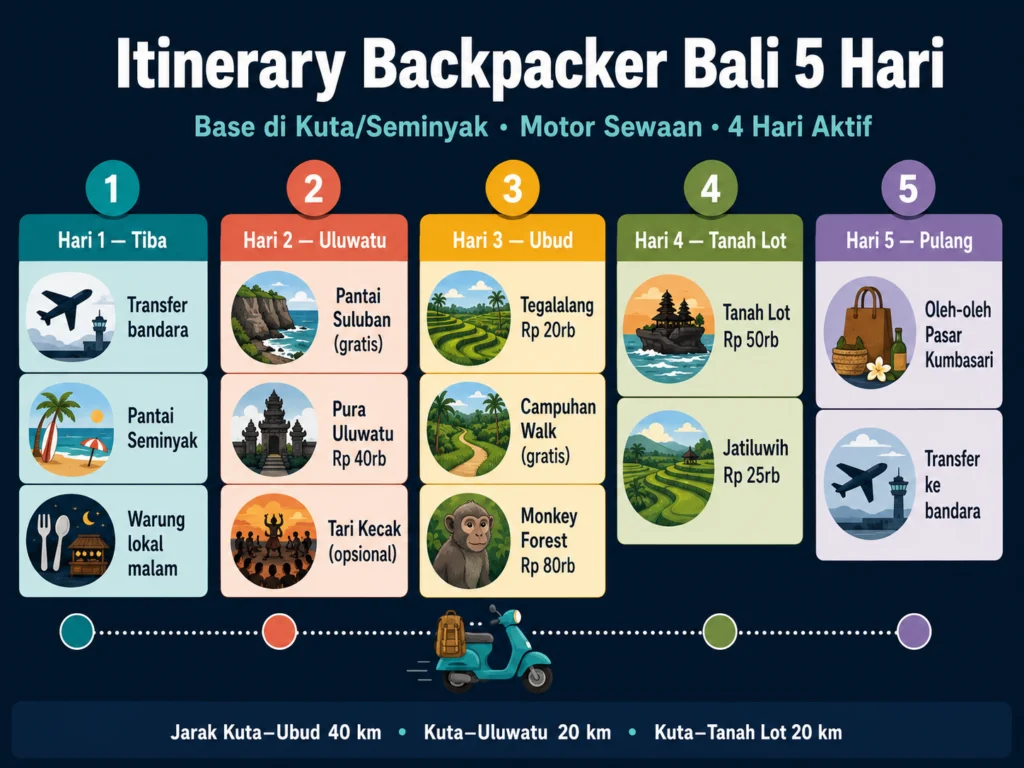 itinerary backpacker bali 5 hari kuta uluwatu ubud tanah lot kintamani rute motor