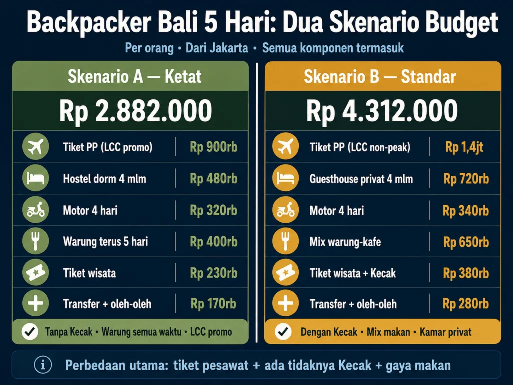 perbandingan budget backpacker bali 5 hari skenario ketat rp 2 juta vs standar rp 4 juta