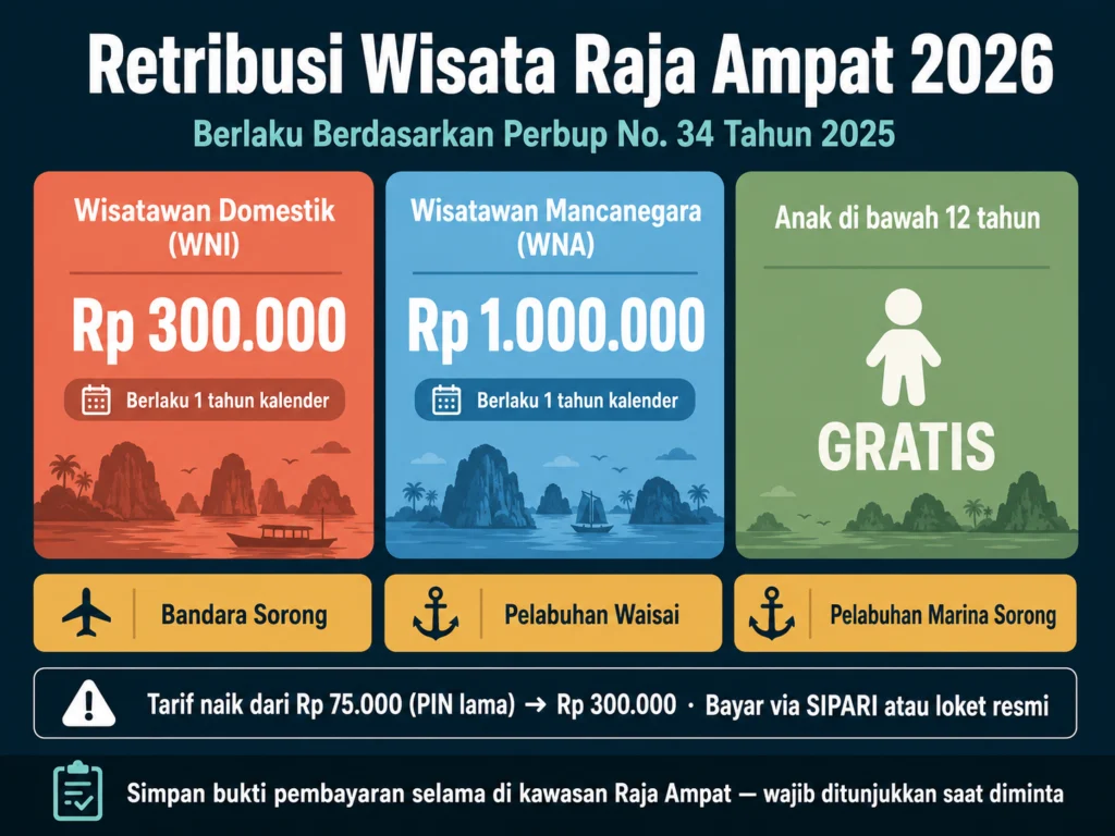 retribusi wisata raja ampat 2026 perbup 34 2025 tarif wni wna cara bayar sipari