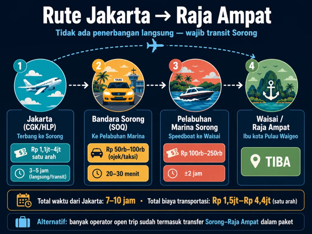 rute perjalanan jakarta ke raja ampat sorong speedboat waisai estimasi waktu biaya