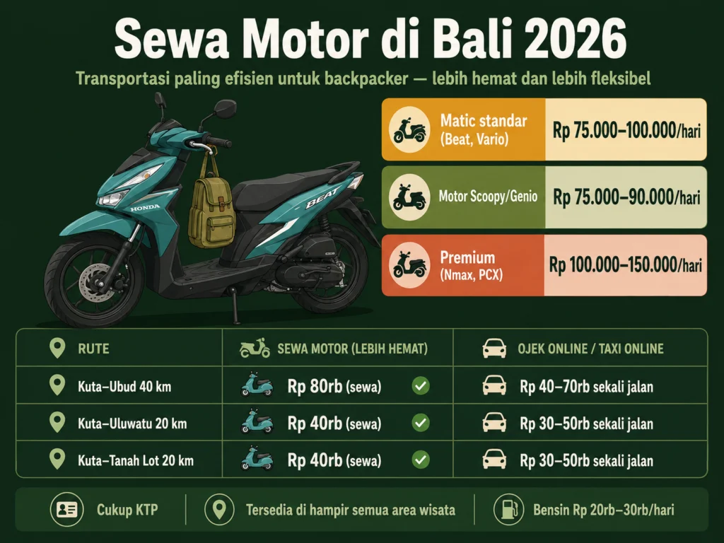 sewa motor bali 2026 harga per hari matic tips transportasi backpacker