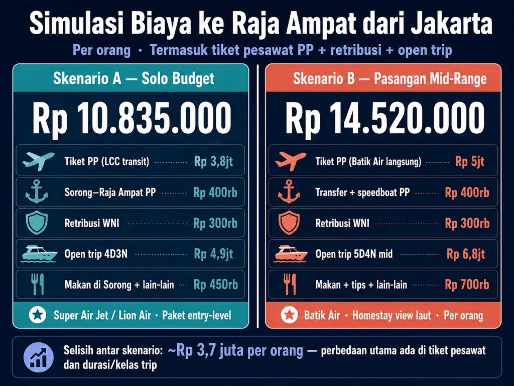 simulasi biaya raja ampat skenario solo backpacker vs pasangan mid-range total per orang
