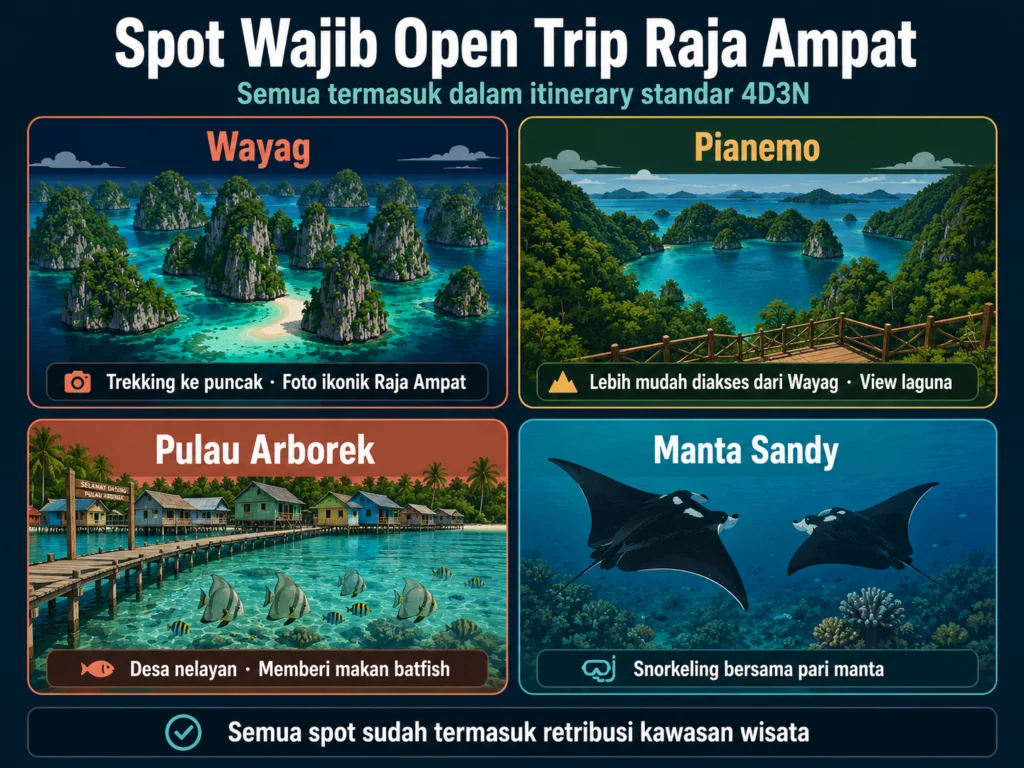 spot wisata raja ampat wayag pianemo arborek manta snorkeling itinerary
