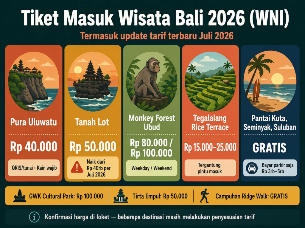 tiket masuk wisata bali 2026 wni uluwatu tanah lot monkey forest tegalalang harga terbaru